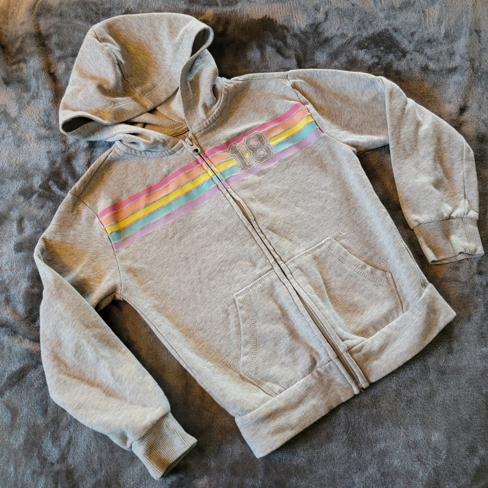 The Childrens Place Zip Hoodie Girls 5/6 Gray Excellent Rainbow Striped 876